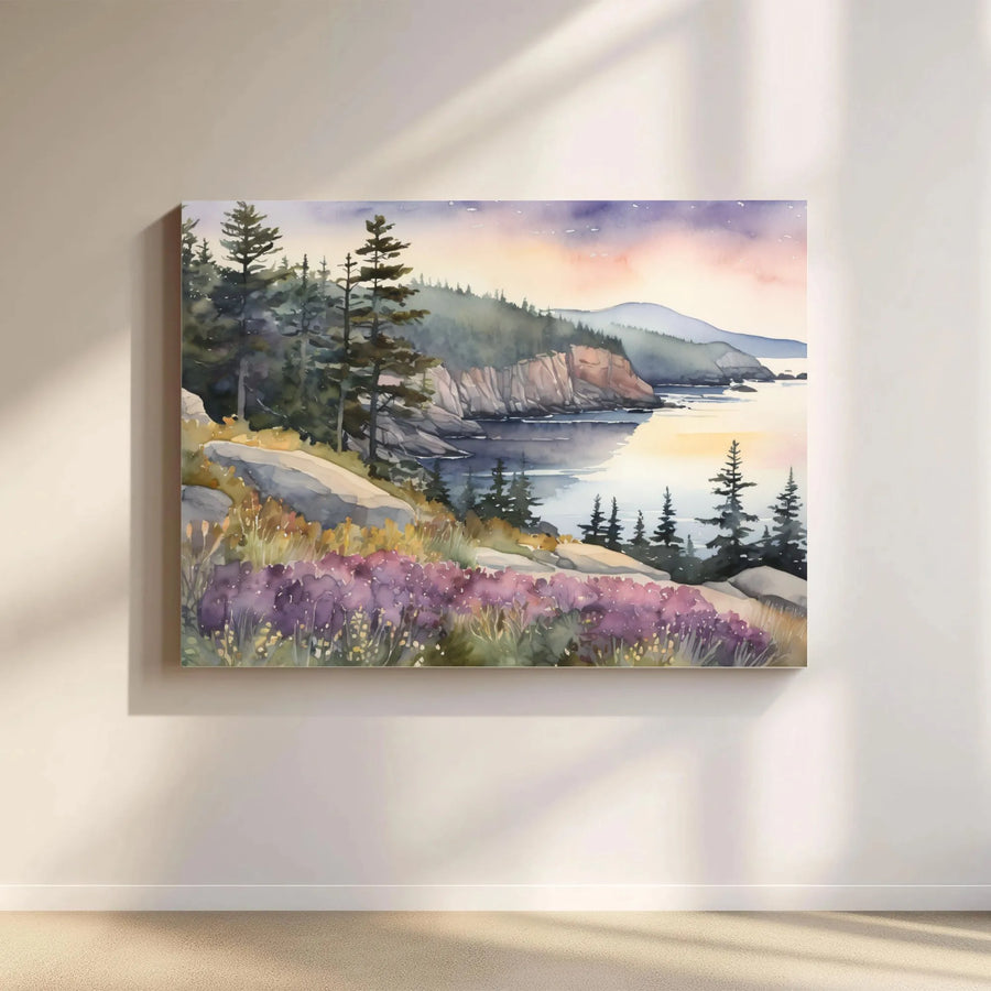 Coastal Landscape Canvas Art | Watercolor Pine Trees and Wildflowers | Premium 1.25 Inch Gallery Wrap | Serene Nature Wall Decor for Home
