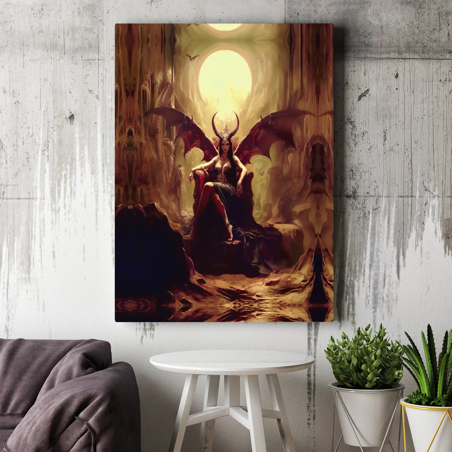 Demon Queen Wall Art | Dark Fantasy Gothic Throne Canvas | Premium Gallery Wrapped Decor | Occult Home Decor For Horror Fans