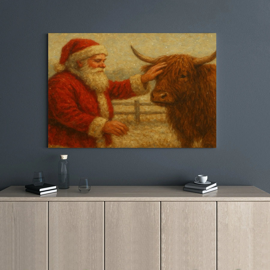 Santa Claus With Highland Cow Canvas Art | Vintage Farmhouse Style Print | Gallery Wrapped Premium Canvas | Christmas Farmhouse Home Decor Gift