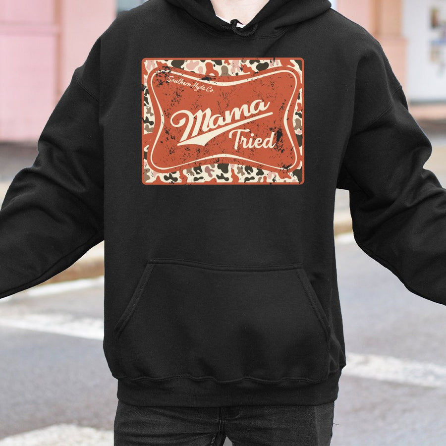 Mama Tried Hoodie | Distressed Western Cow Print Graphic | Premium Cotton Blend | Country Style Gift for Women and Mothers