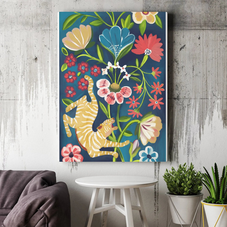 Floral Tiger Canvas Wall Art | Vibrant Folk Art Tiger and Flowers Print | Premium Gallery Wrap Canvas | Eclectic Living Room Decor Gift
