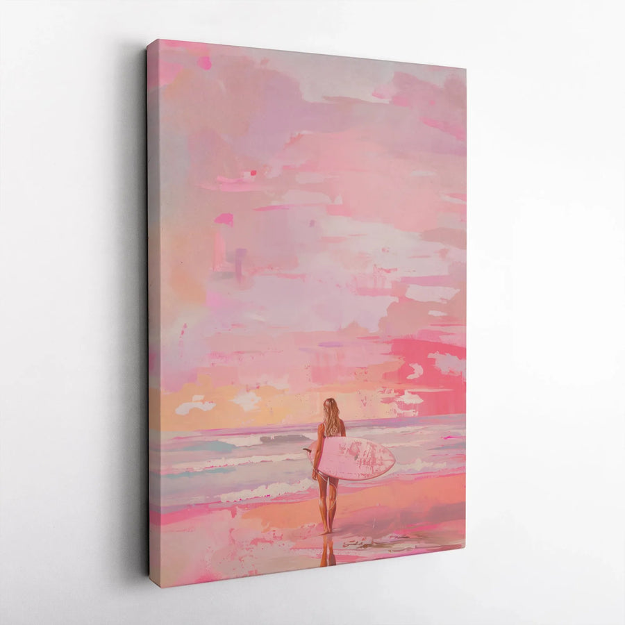 Surfer Girl Wall Art | Pink Beach Sunset Coastal Decor | Premium 1.25-Inch Gallery Wrapped Canvas | Aesthetic Gift for Surfers