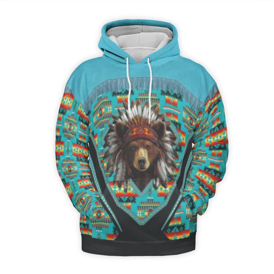 Native American Bear Hoodie | Turquoise Tribal Aztec Print | Soft Brushed Fleece 3D Pullover | Unisex Gift for Wildlife Lovers