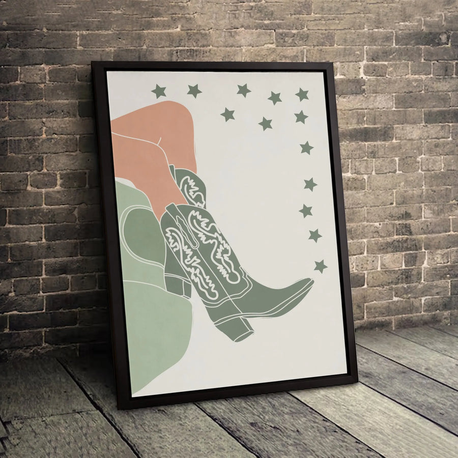 Western Cowgirl Boots Canvas Wall Art | Minimalist Sage Green Star Print | Premium Gallery Wrap Decor | Aesthetic Boho Bedroom Gift