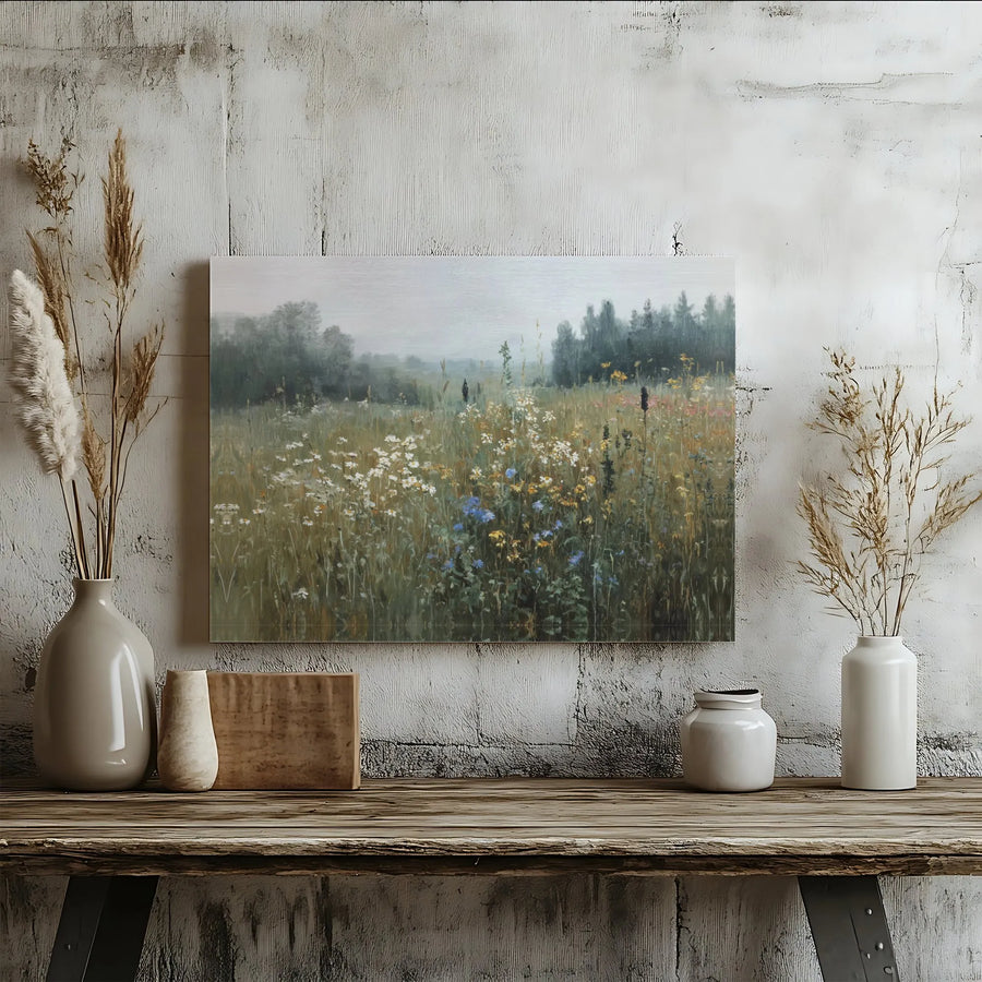 Wildflower Meadow Landscape Canvas Art | Misty Forest Impressionist Print | Premium Gallery Wrapped Wall Decor | Nature-Inspired Home Gift