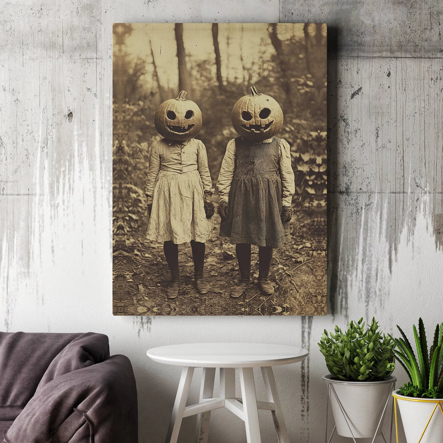 Vintage Pumpkin Head Children Canvas Print | Creepy Halloween Wall Art | Gallery Wrapped Premium Decor | Spooky Gothic Home Gift