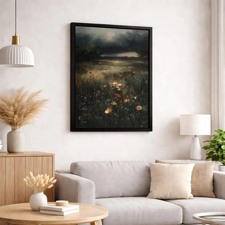 Moody Wildflower Meadow Canvas Wall Art | Stormy Sky Poppy Field Oil Painting Print | Premium Gallery-Wrapped Decor | Botanical Gift for Nature Lovers