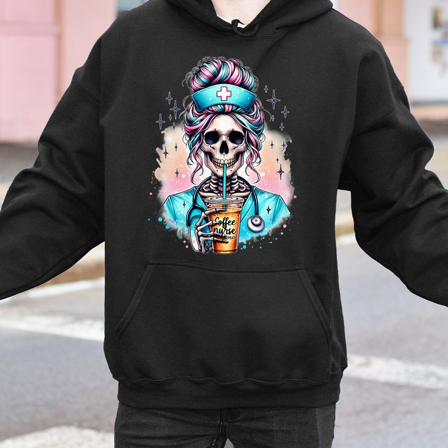 Skeleton Nurse Hoodie | Coffee Lover Skull Graphic Design | Premium Cotton-Blend Sweatshirt | Funny Medical Professional Gift for Her