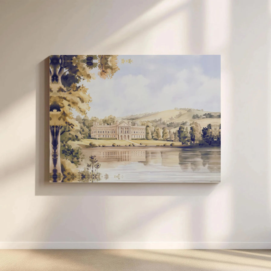 English Country Manor Wall Art | Watercolor Lake Landscape | Premium Gallery Wrap Canvas | Vintage Estate Home Decor
