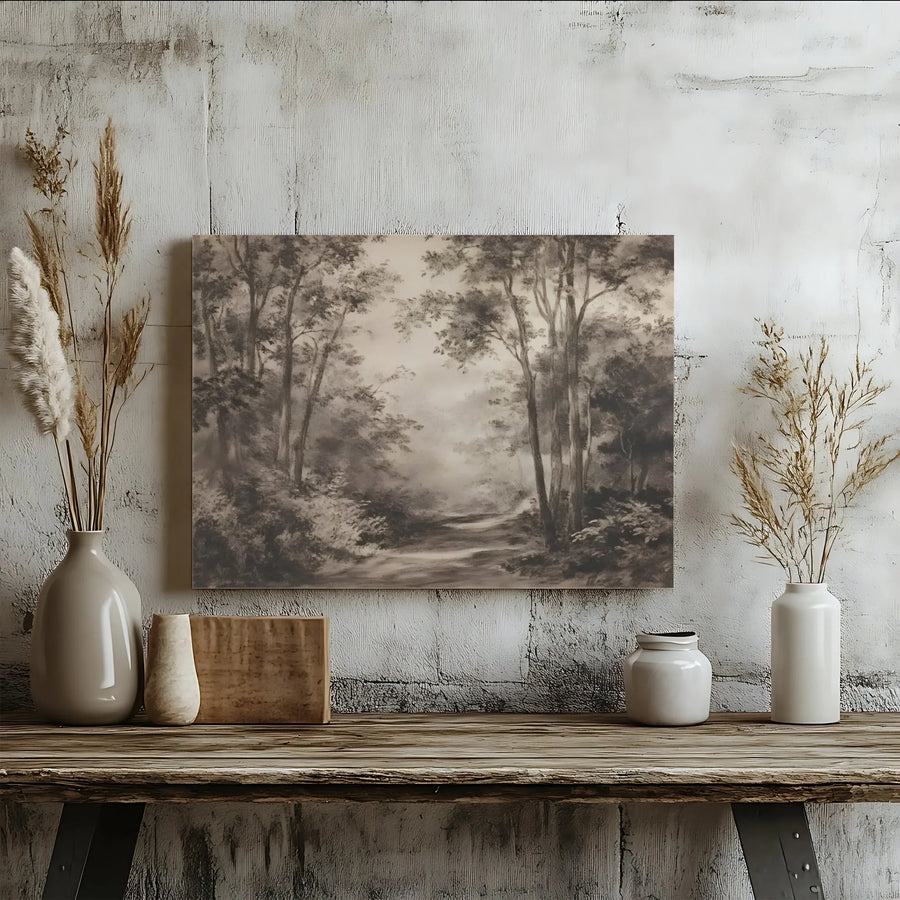 Vintage Forest Landscape Canvas | Monochrome Woodland Path Art | Premium Gallery-Wrapped Print | Minimalist Farmhouse Home Decor Wall Art