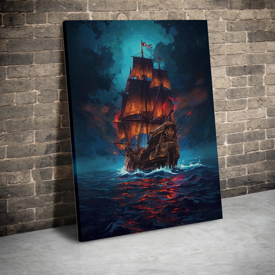 Pirate Ship Canvas Wall Art | Fantasy Ghost Ship at Night | Premium Thick Gallery Wrap | Nautical Home Decor Gift