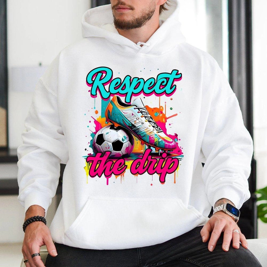Soccer Player Hoodie | Respect The Drip Graffiti Soccer Ball Graphic | Premium Cotton Blend | Gift For Soccer Fans And Ballers
