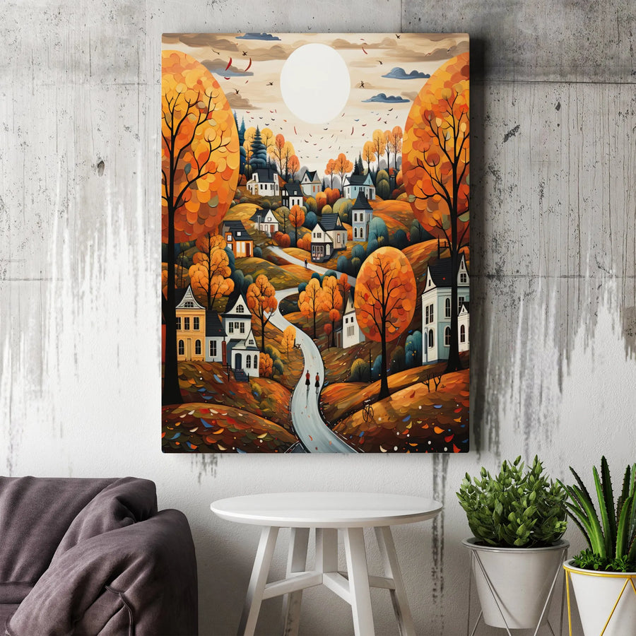 Autumn Village Canvas Wall Art | Whimsical Folk Art Landscape Print | Premium 1.25" Gallery Wrap | Seasonal Home Decor Gift
