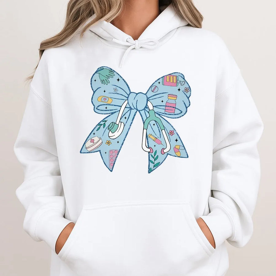 Nurse Coquette Bow Hoodie | Coquette Aesthetic Stethoscope Graphic | Soft Cotton Blend Pullover | Gift for Nursing Student or RN