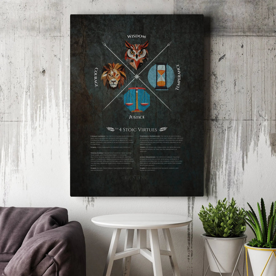 Four Stoic Virtues Wall Art | Wisdom Courage Temperance Justice Philosophy Poster | Premium Gallery Canvas | Stoicism Decor Gift for Office