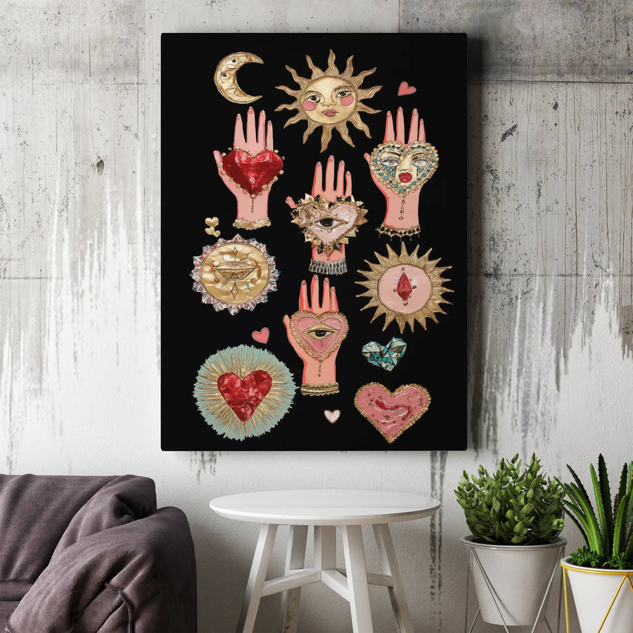 Mystical Ex-Voto Wall Art | Sacred Heart Sun and Moon Occult Decor | Premium Gallery Wrap Canvas | Gothic Witchy Boho Gift for Home