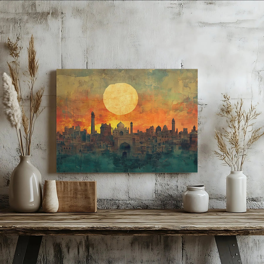 Taj Mahal Cityscape Canvas Art | Abstract Sunset Indian Architecture | Premium Gallery Wrap Print | Travel Lover Wall Decor Gift