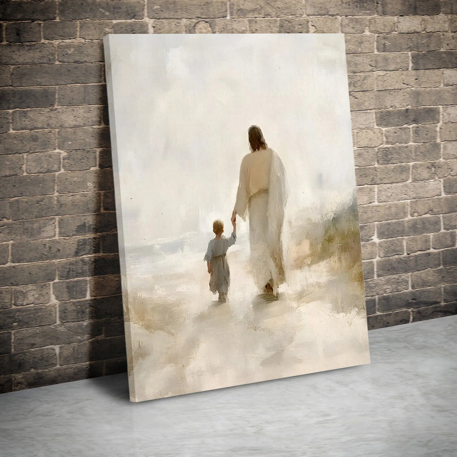 Jesus Walking with Child Canvas Wall Art | He Walks With Me Impressionist Painting | Premium Gallery Wrapped Canvas | Christian Home Decor Gift