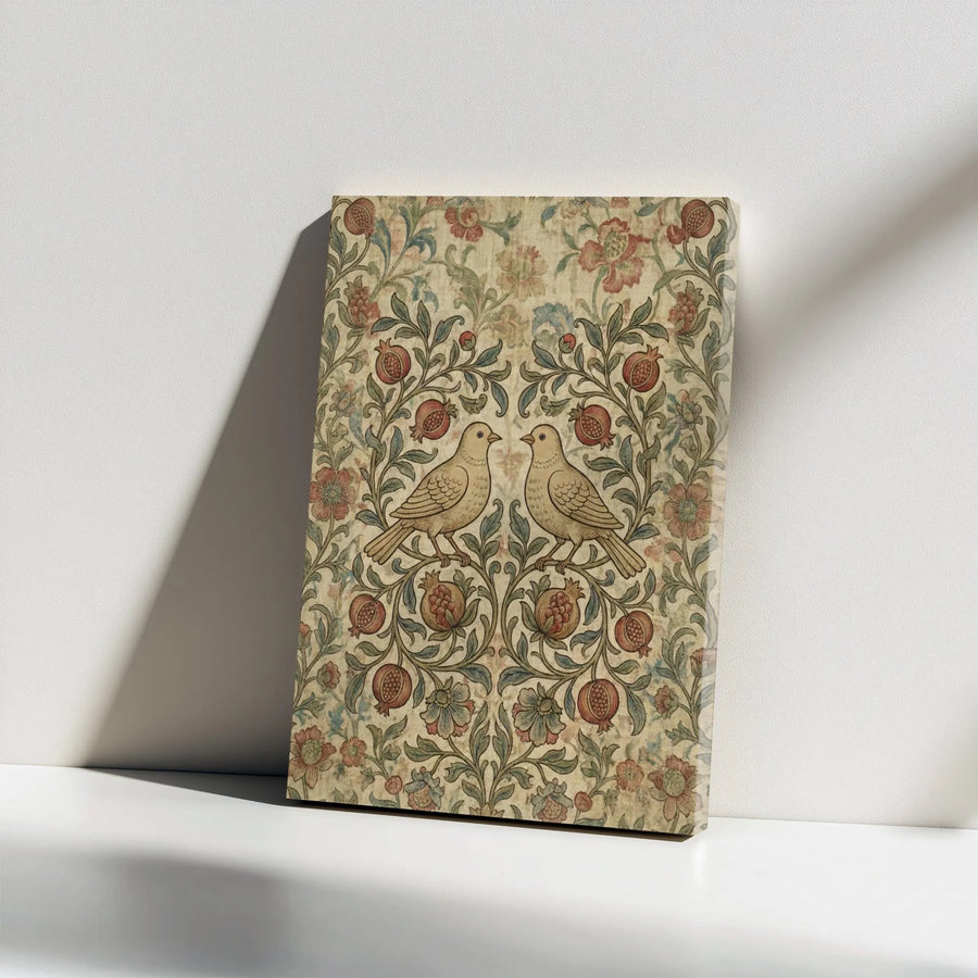 Vintage Bird & Pomegranate Canvas Wall Art | William Morris Style Folk Art Print | Premium Gallery Wrap Canvas | Cottagecore Home Decor Gift
