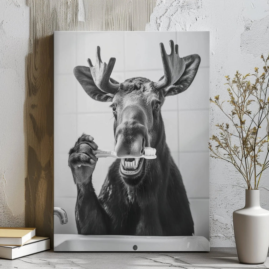 Moose Brushing Teeth Canvas Art | Funny Bathroom Wall Decor | Premium Stretched Gallery Wrap | Quirky Animal Portrait for Home Gift