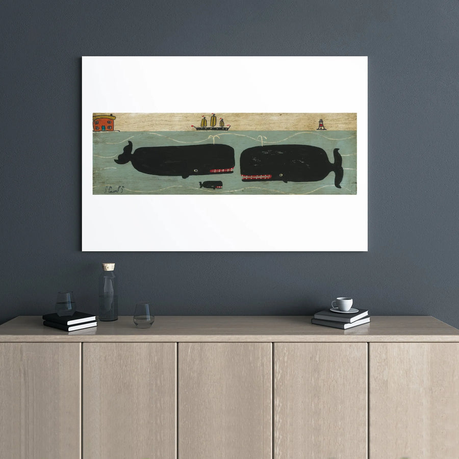 Folk Art Whale Family Canvas | Nautical Lighthouse & Ship Wall Decor | Premium 1.25 Inch Gallery Wrap | Coastal Living Room Art Gift