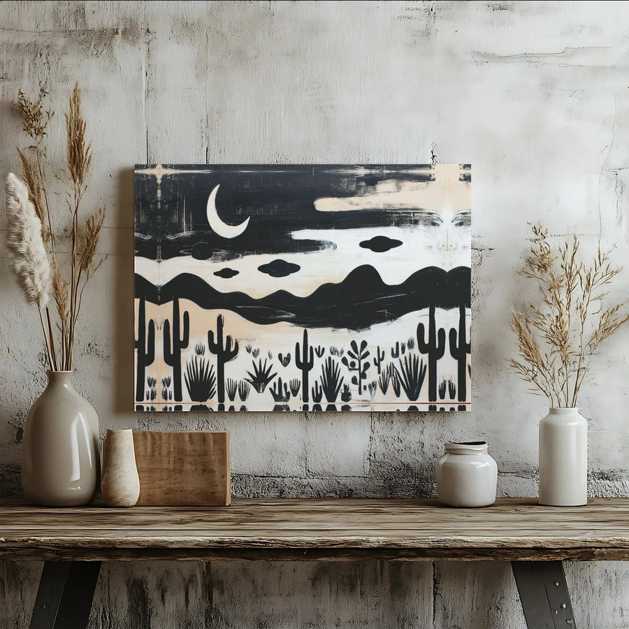 Abstract Desert Landscape Canvas | Mid Century Modern Cactus Wall Art | Premium Gallery Wrap Decor | Southwestern Boho Home Gift