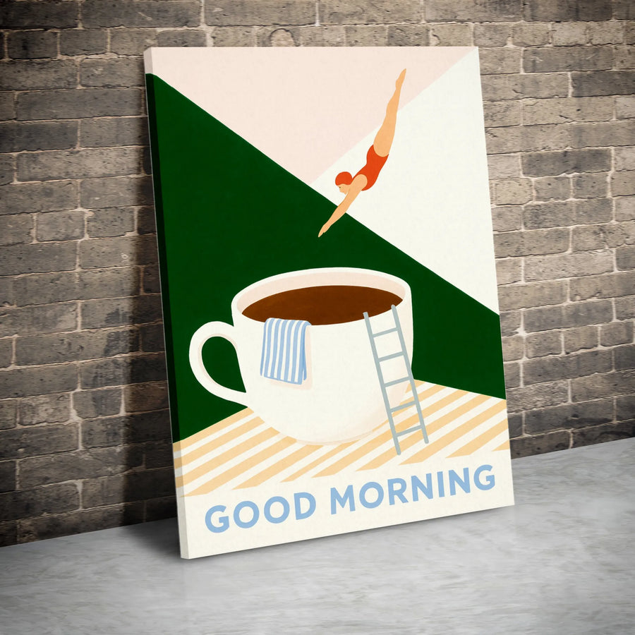 Good Morning Coffee Swimmer Canvas | Minimalist Diving Woman Illustration | Premium Gallery Wrapped Wall Art | Kitchen Decor Gift Idea