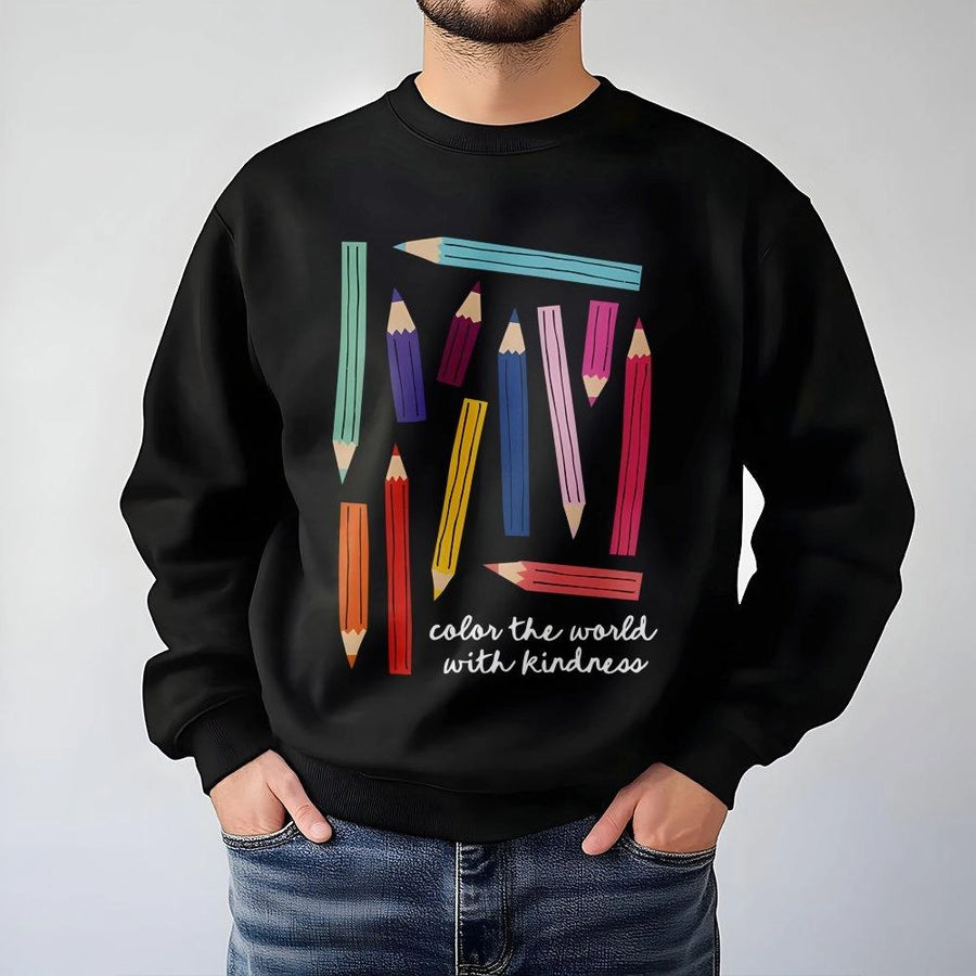 Color The World With Kindness Sweatshirt | Cute Pencil Art Graphic | Premium Cotton Blend Crewneck | Teacher Appreciation Gift For Kindergarten Art Teachers