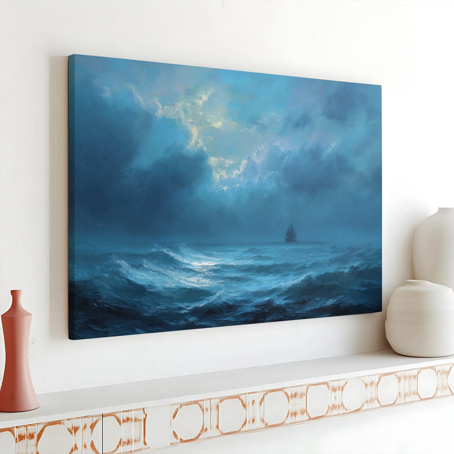 Stormy Sea Oil Painting Canvas | Dramatic Marine Ship Seascape | Premium Gallery Wrap Wall Art | Nautical Decor for Living Room Office