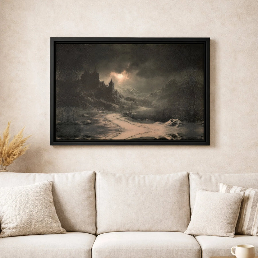Gothic Castle Canvas Wall Art | Snowy Mountain Moonlight Landscape | Gallery Quality Fade-Resistant Print | Moody Dark Fantasy Home Decor
