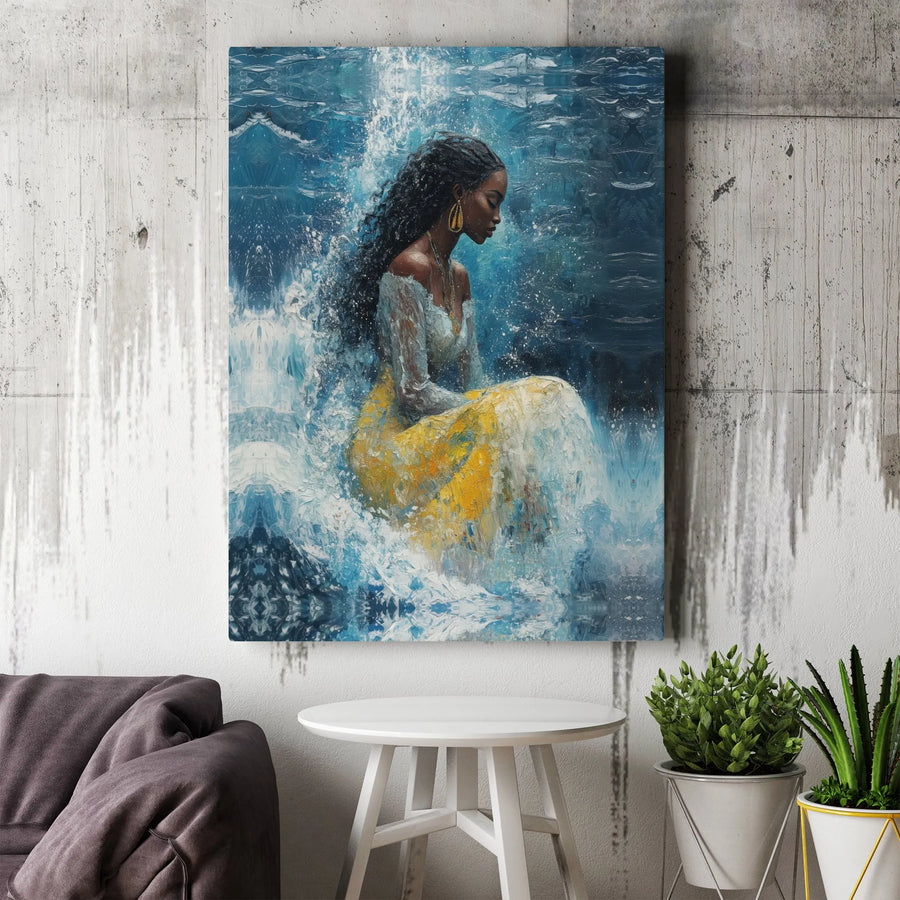 Black Woman Water Goddess Canvas Print | Abstract Ocean Portrait Painting | Premium Gallery Wrapped Wall Art | Afrocentric Spiritual Home Decor Gift