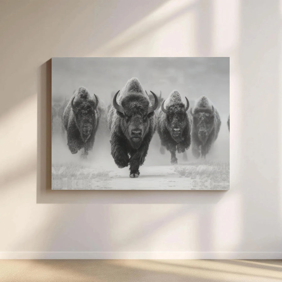 American Buffalo Canvas Wall Art | Black and White Bison Herd Running in Snow | Premium Gallery Wrap Print | Wildlife Home Office Decor Gift