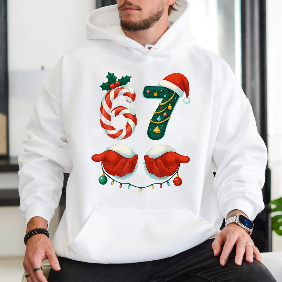 67 Christmas Hoodie | Festive Candy Cane Design | Soft Cotton-Poly Blend | Funny Holiday Meme Gift for Gen Alpha and Teens