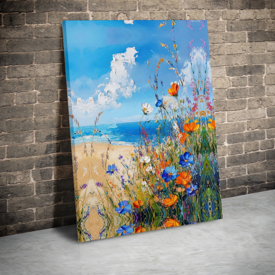 Wildflower Beach Canvas Wall Art | Impasto Coastal Landscape Print | Premium Gallery-Wrapped Decor | Coastal Home Gift For Living Room