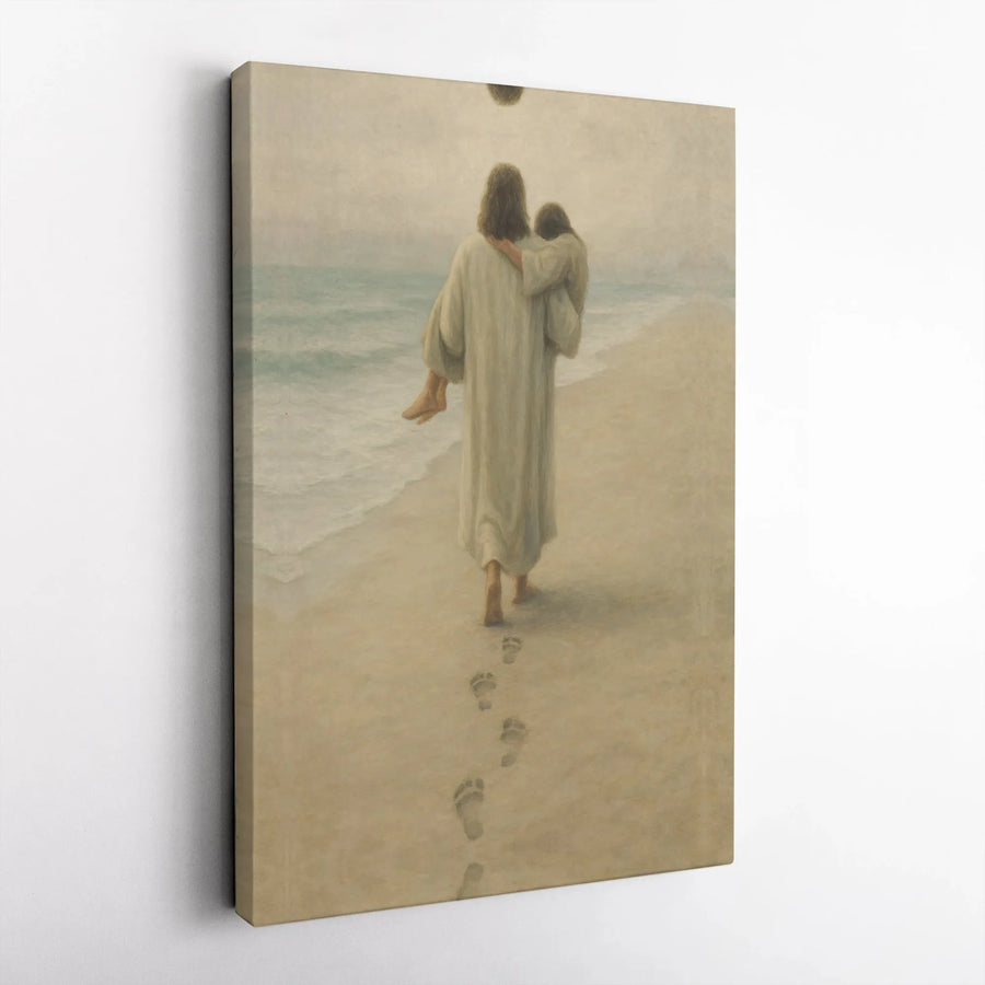 Footprints In The Sand Canvas Art | Jesus Carrying Person Beach Print | Premium Gallery Wrap Wall Decor | Religious Christian Gift For Home