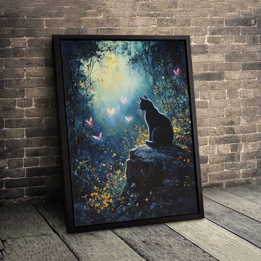 Black Cat Canvas Wall Art | Enchanted Forest Butterfly Scene | 1.25-Inch Gallery Wrap | Whimsical Home Decor Gift for Cat Lovers