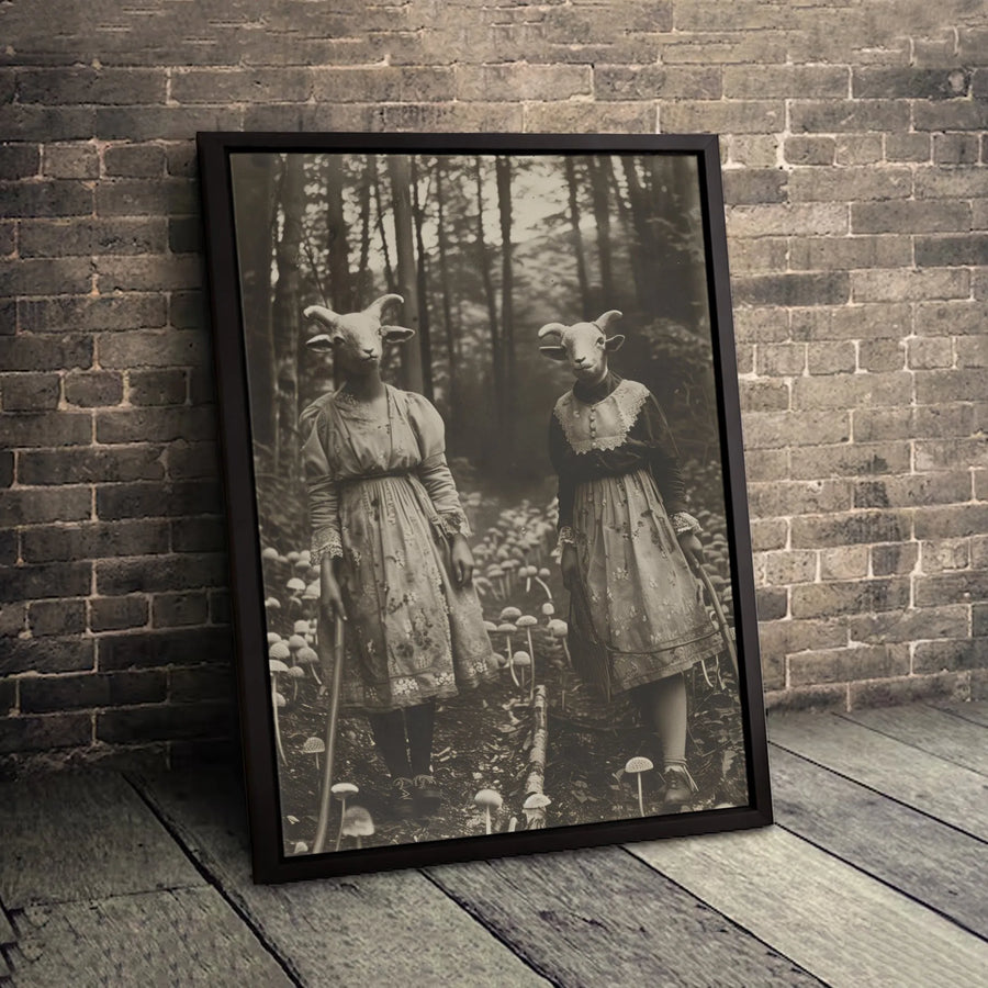 Surreal Goat Head Women Canvas | Vintage Forest Mushroom Photography | Gallery-Quality 1.25-Inch Profile | Dark Academia Gothic Wall Art