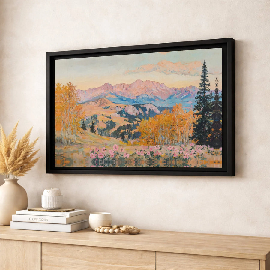 Mountain Landscape Canvas Print | Impressionist Autumn Forest and Pink Flowers | 1.25-Inch Premium Gallery Profile | Nature Wall Art for Home Decor