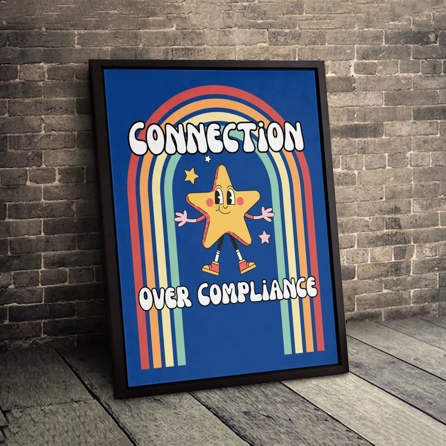 Connection Over Compliance Canvas Art | Retro Rainbow Cartoon Star Print | Premium Gallery-Wrapped Wall Decor | Empowering Therapist Office Gift