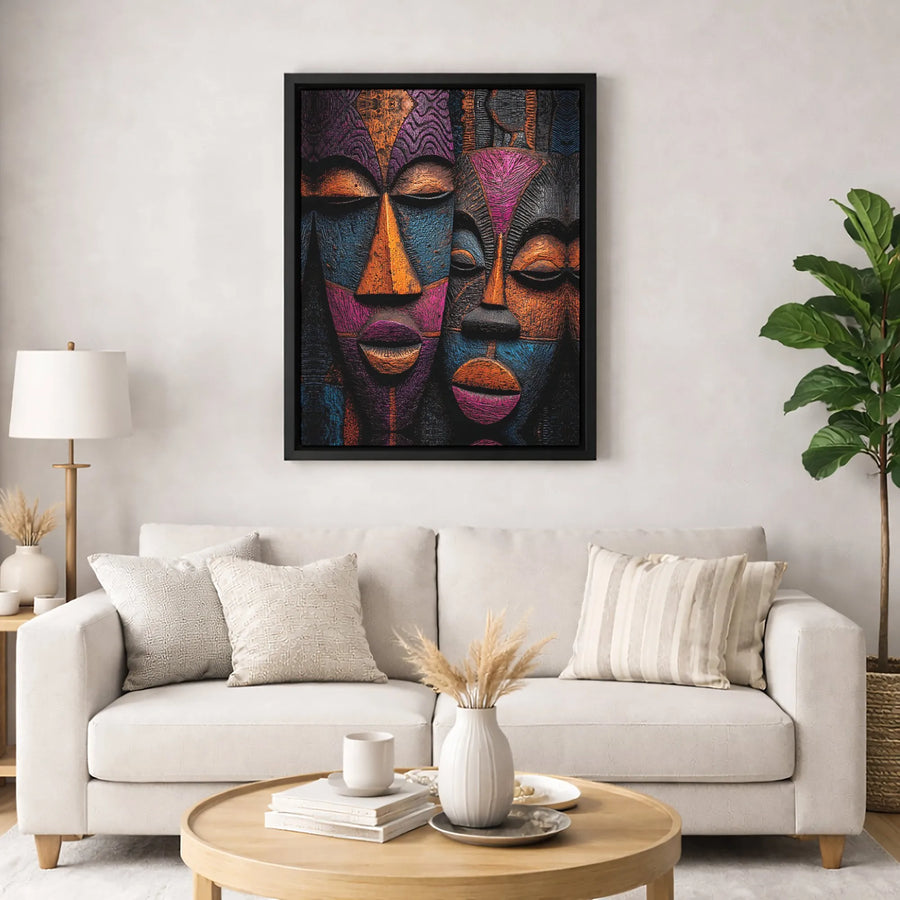 African Tribal Mask Wall Art | Colorful Abstract Textured Canvas Print | Premium Gallery Wrapped Decor | Modern Home Office Gift