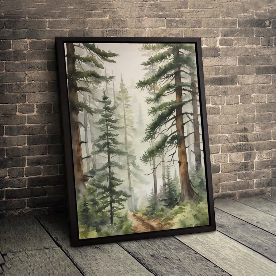 Foggy Pine Forest Canvas Wall Art | Misty Woodland Watercolor Print | Premium Gallery Wrapped Decor | Nature Lover Gift for Home Office