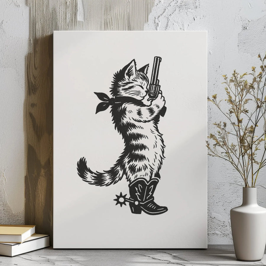 Cowboy Cat Wall Art | Western Kitten with Revolver and Boots | Gallery Wrap Canvas Print | Quirky Home Decor Gift