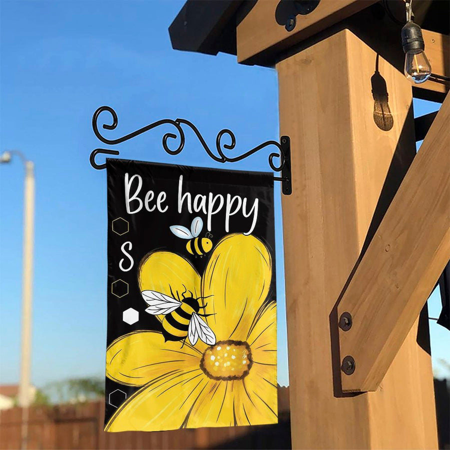 Bee Happy Garden Flag | Cute Honeybee and Yellow Flower Yard Decor | Weather-Resistant Premium Polyester | Cheerful Outdoor Welcome Sign for Lawn