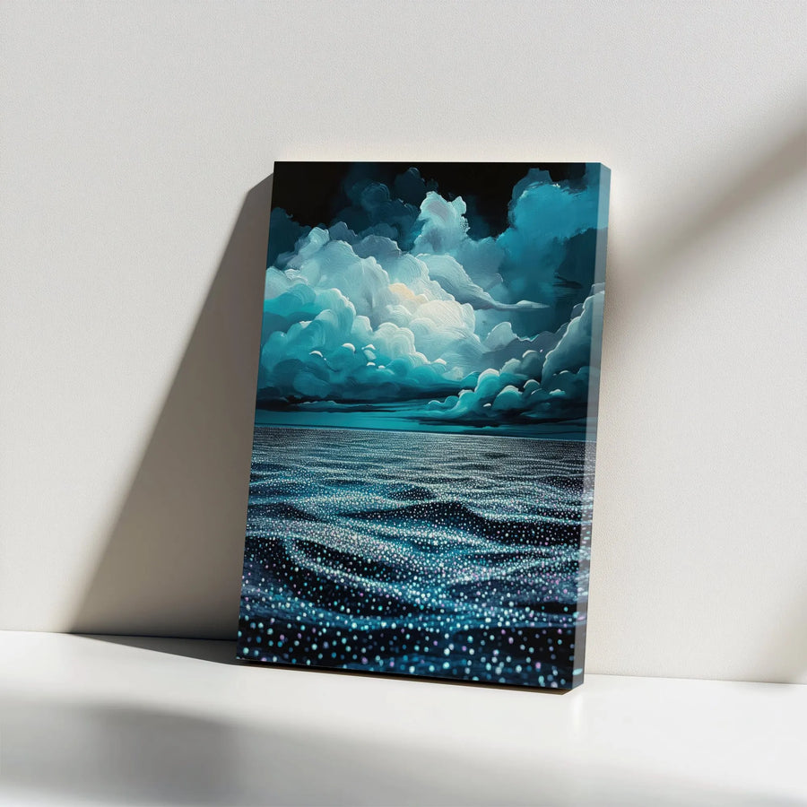 Bioluminescent Ocean Canvas Wall Art | Glowing Night Sea Waves | Premium Gallery Wrap Print | Modern Coastal Home Decor Gift
