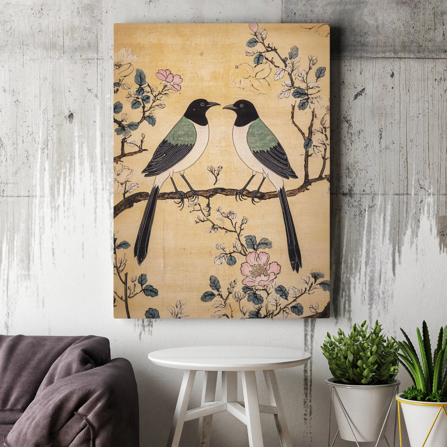 Japanese Bird Art Canvas Print | Vintage Magpies on Blooming Branch | Gallery Wrapped Premium Canvas | Asian Home Decor for Living Room
