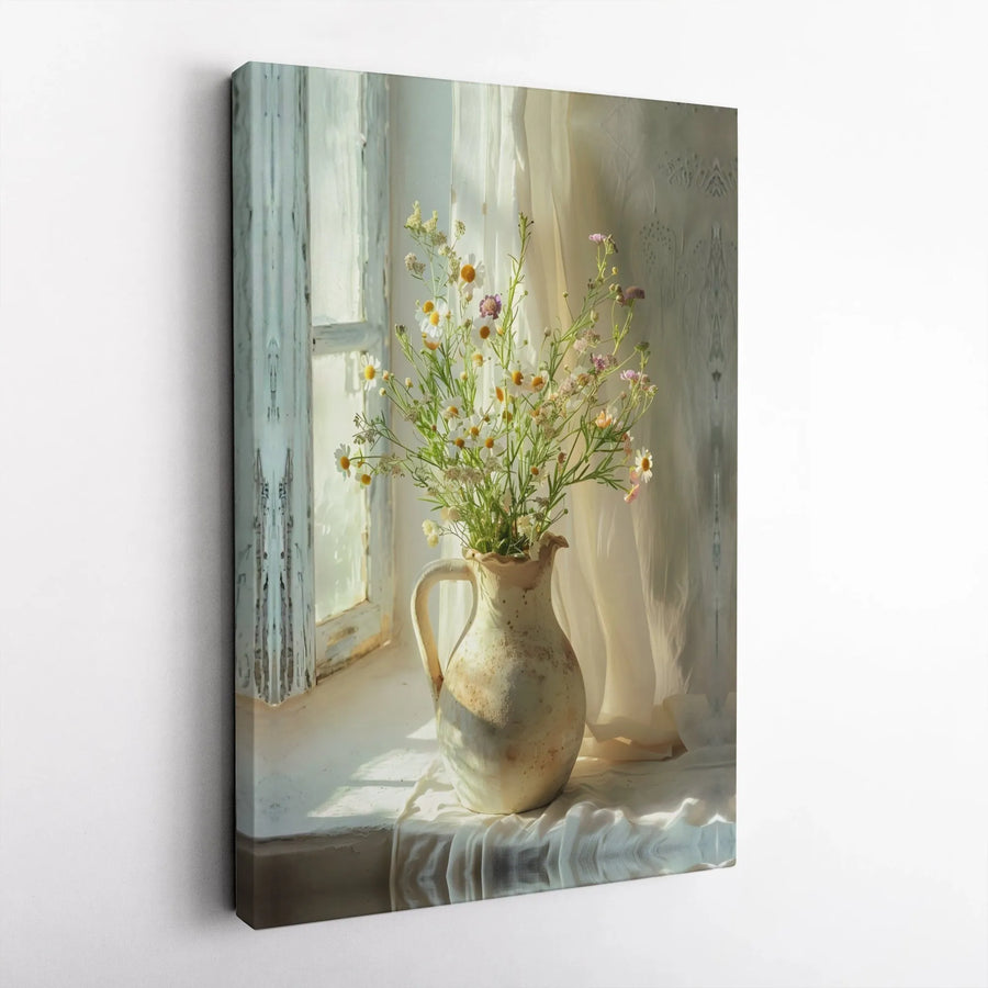 Wildflower Vase Canvas Wall Art | Sunlit Window Still Life Photography | Premium Gallery Wrapped Print | Farmhouse Kitchen Decor Gift