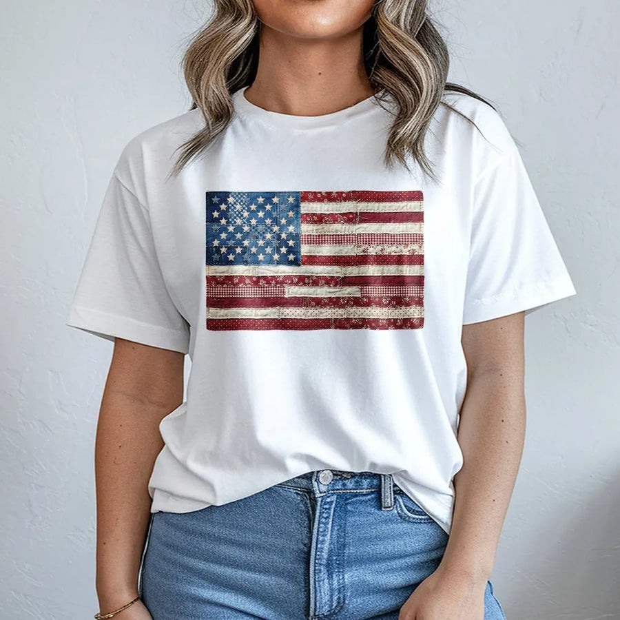 American Flag T-Shirt | Vintage Patchwork Graphic Pullover | Cozy Cotton Blend | Fourth of July Patriotic Gift for Men & Women