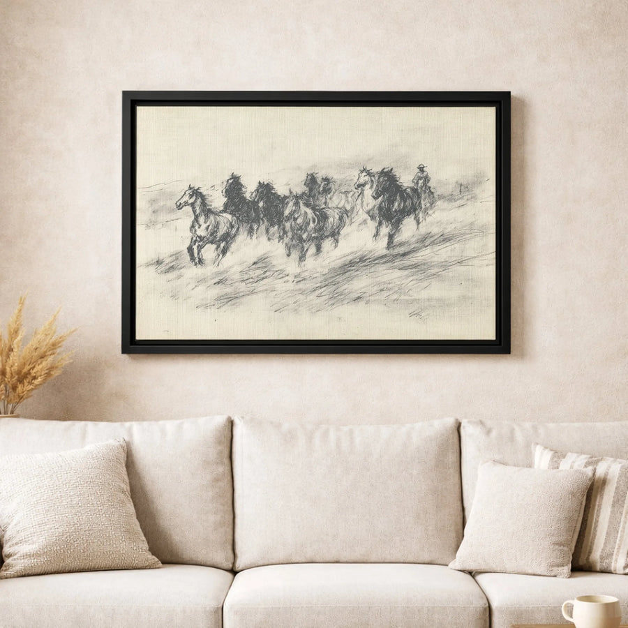 Western Running Horses Canvas Art | Cowboy Sketch Wall Decor | Gallery Quality Premium Print | Rustic Farmhouse Gift For Horse Lovers