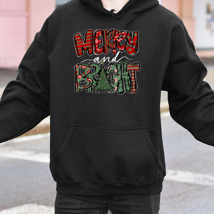 Merry and Bright Christmas Hoodie | Plaid Festive Tree Graphic | Premium Cotton Blend | Cozy Holiday Gift for Women and Men