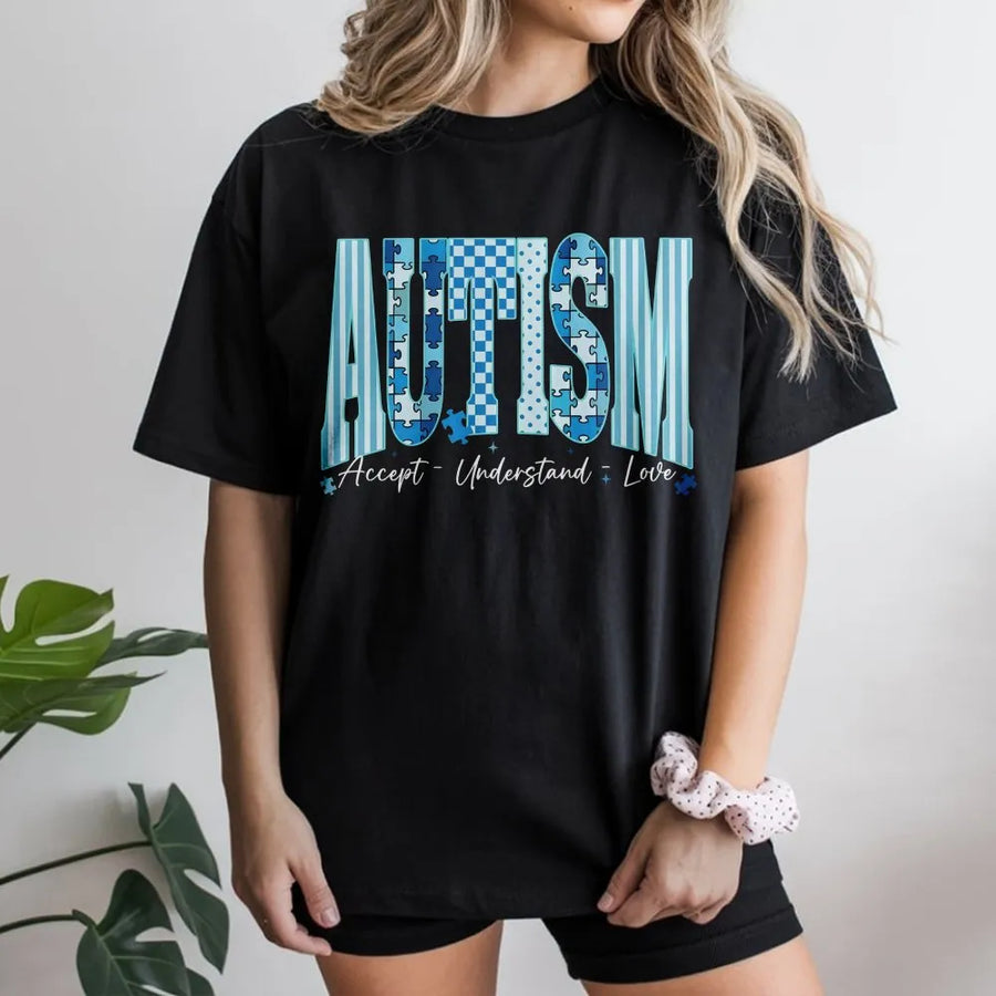 Autism Awareness Shirt | Accept Understand Love Puzzle Graphic | Soft Cotton Tee | Neurodiversity Support Gift for Teachers & Parents
